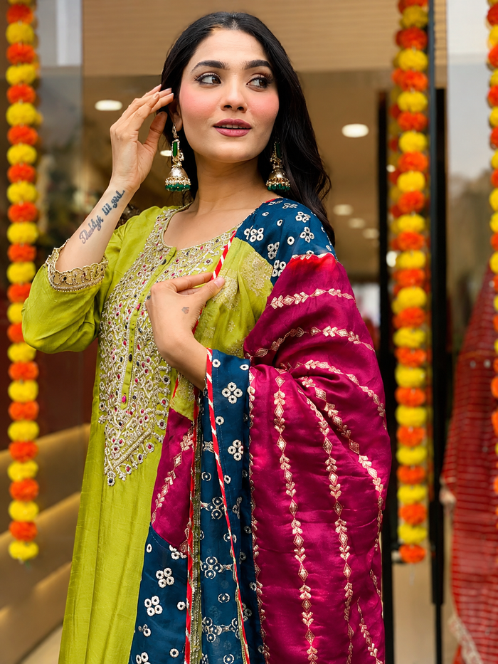 Lemon Yellow Embroidered Viscose Chanderi Suit Set