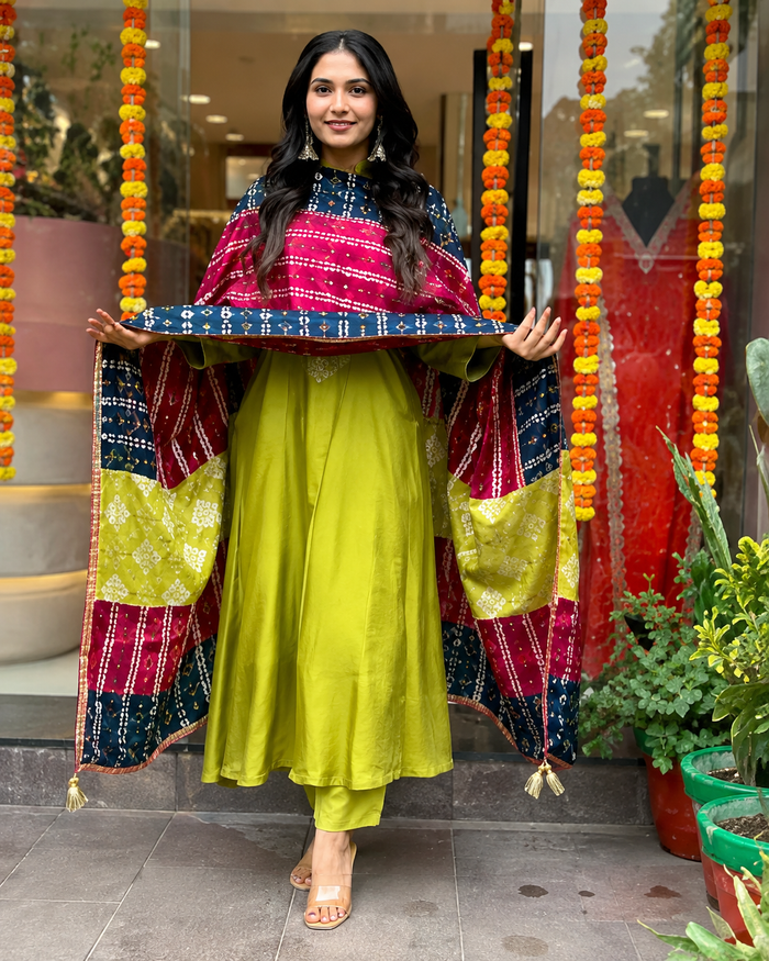 Lemon Yellow Embroidered Viscose Chanderi Suit Set