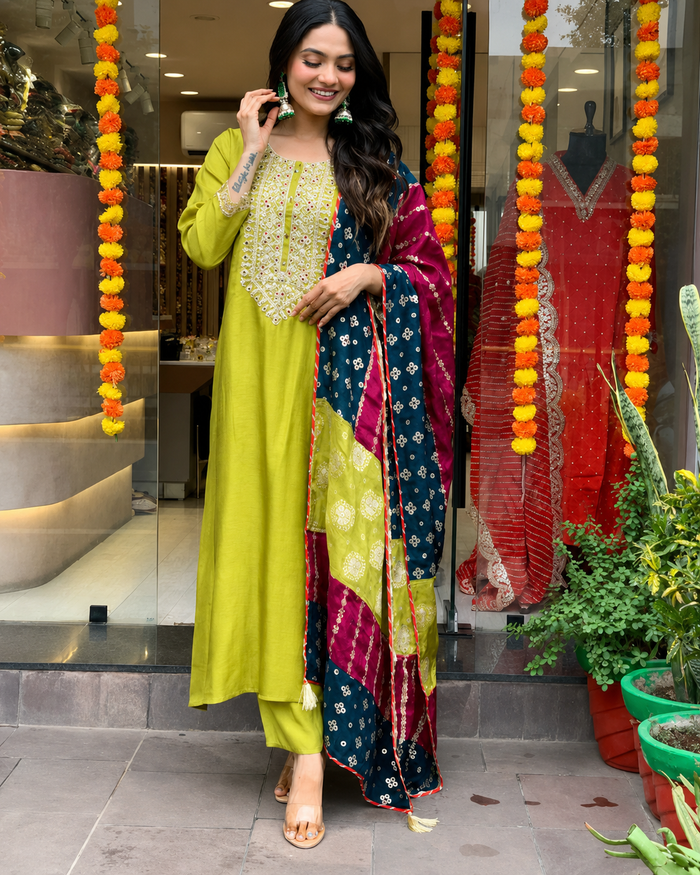 Lemon Yellow Embroidered Viscose Chanderi Suit Set