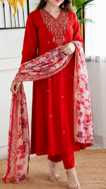 Red Embroidered Muslin Suit Set