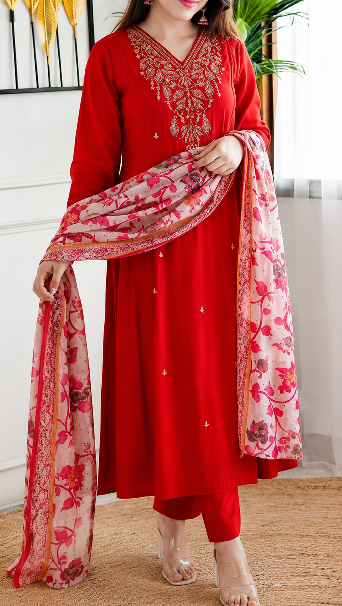 Red Embroidered Muslin Suit Set