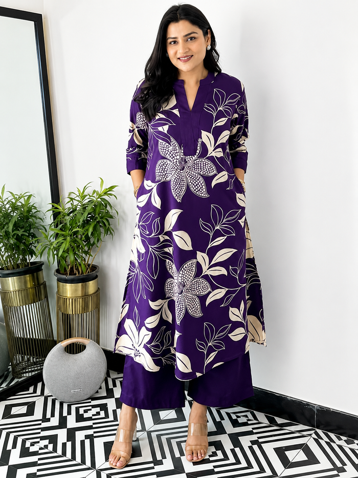 Purple Floral Georgette Kurta Palazzo Set