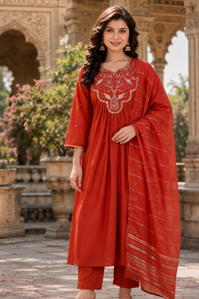 Rust Orange Chanderi Embroidered Kurti Set