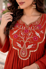 Rust Orange Chanderi Embroidered Kurti Set