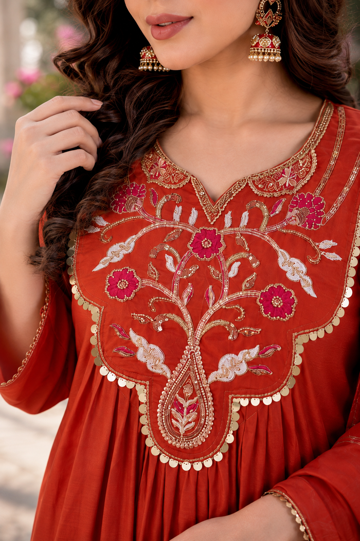 Rust Orange Chanderi Embroidered Kurti Set