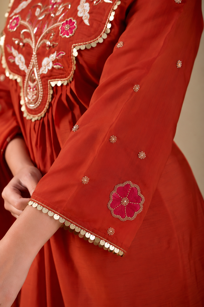 Rust Orange Chanderi Embroidered Kurti Set