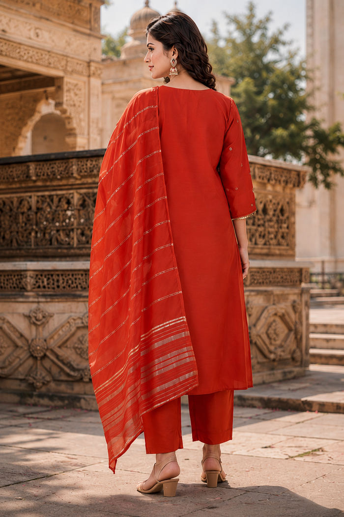 Rust Orange Chanderi Embroidered Kurti Set