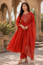 Rust Orange Chanderi Embroidered Kurti Set
