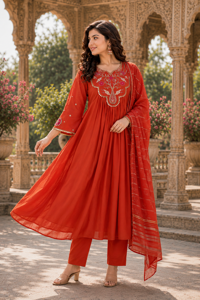 Rust Orange Chanderi Embroidered Kurti Set