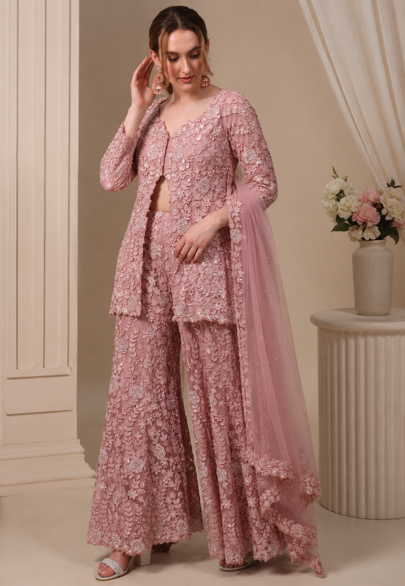 Dusty Rose Faux Georgette Embroidered Sharara Suit Set