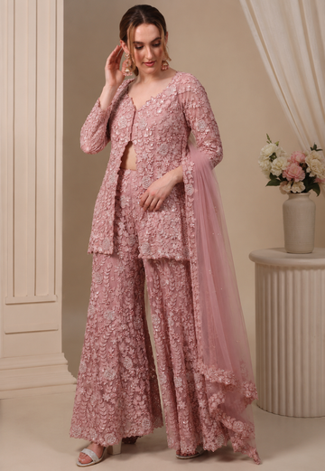 Dusty Rose Faux Georgette Embroidered Sharara Suit Set