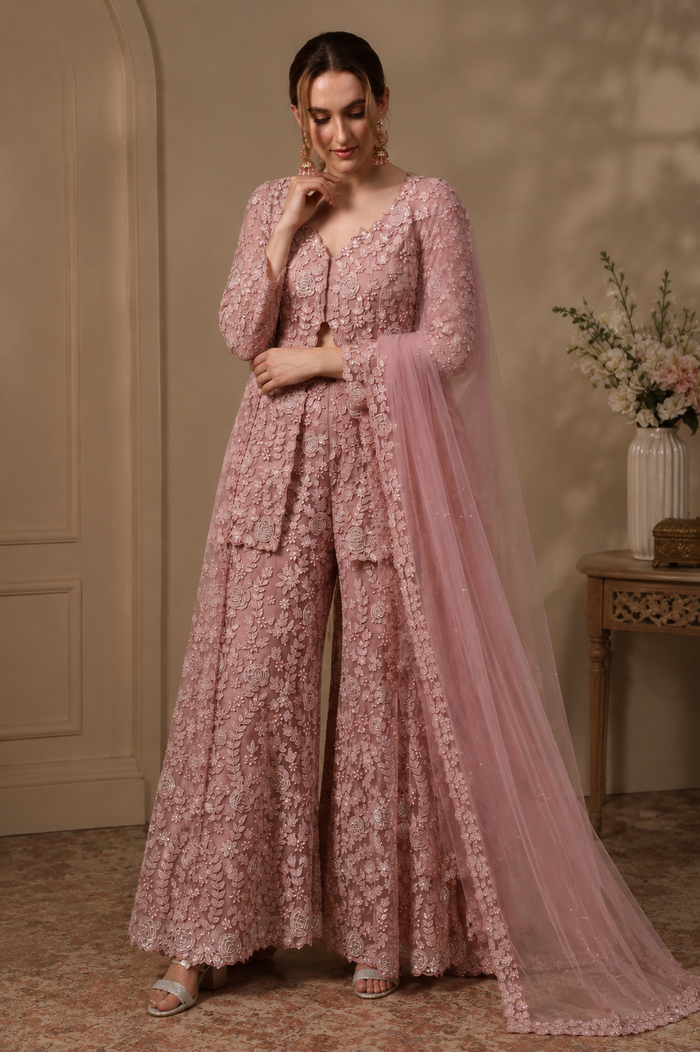 Dusty Rose Faux Georgette Embroidered Sharara Suit Set