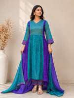 Teal Blue & Purple Mul Chanderi Anarkali Suit Set