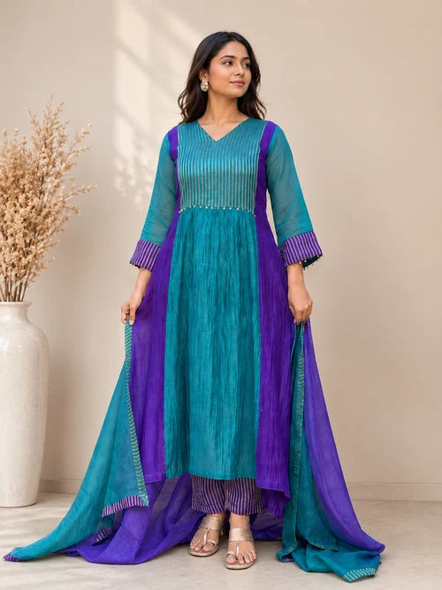 Teal Blue & Purple Mul Chanderi Anarkali Suit Set
