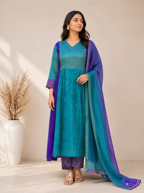 Teal Blue & Purple Mul Chanderi Anarkali Suit Set