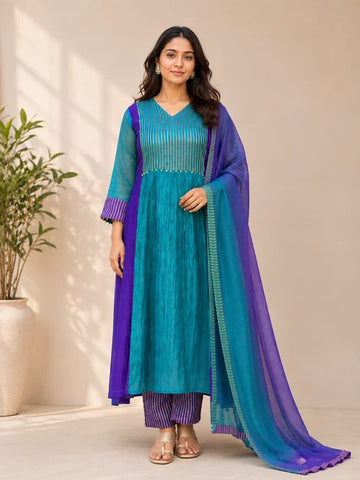 Teal Blue & Purple Mul Chanderi Anarkali Suit Set
