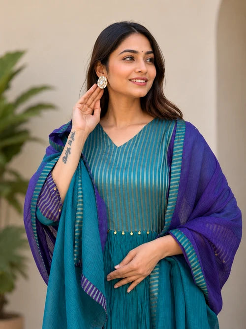 Teal Blue & Purple Mul Chanderi Anarkali Suit Set