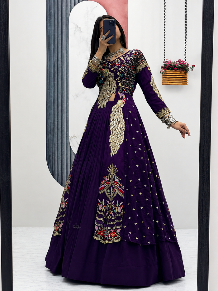 Royal Purple Vichitra Silk Embroidered Lehenga Choli Set