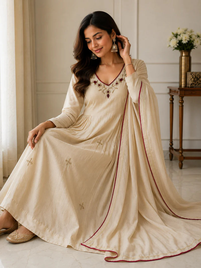 Ivory Embroidered Anarkali Suit Set