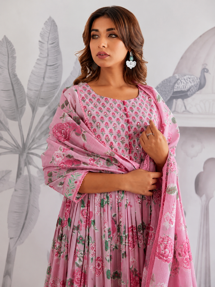 Jaipuri Cotton Flared Anarkali Suit Set