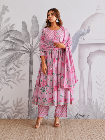 Jaipuri Cotton Flared Anarkali Suit Set