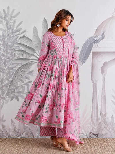 Jaipuri Cotton Flared Anarkali Suit Set