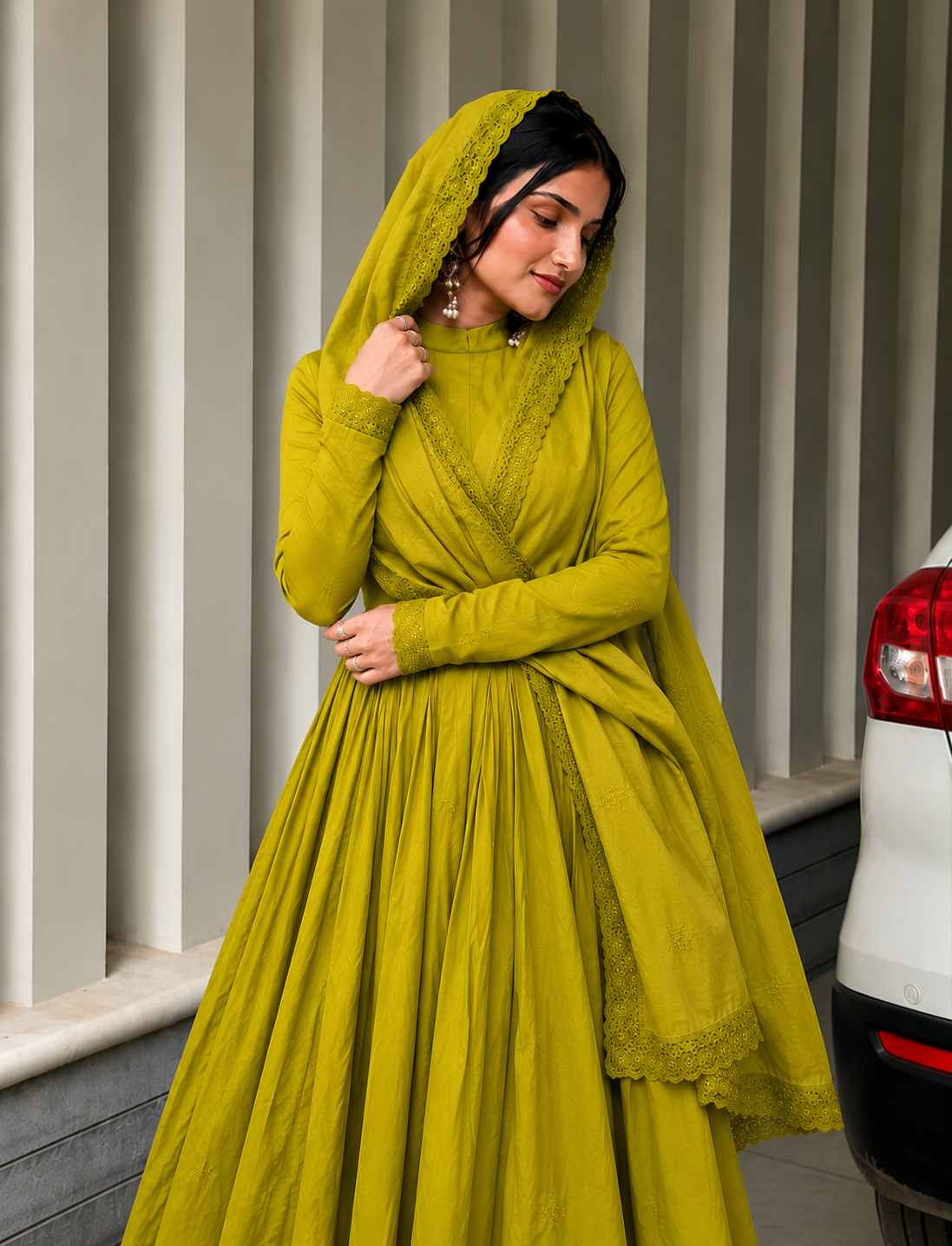 Olive Mustard Green Anarkali Suit Set with Dupatta 2XL