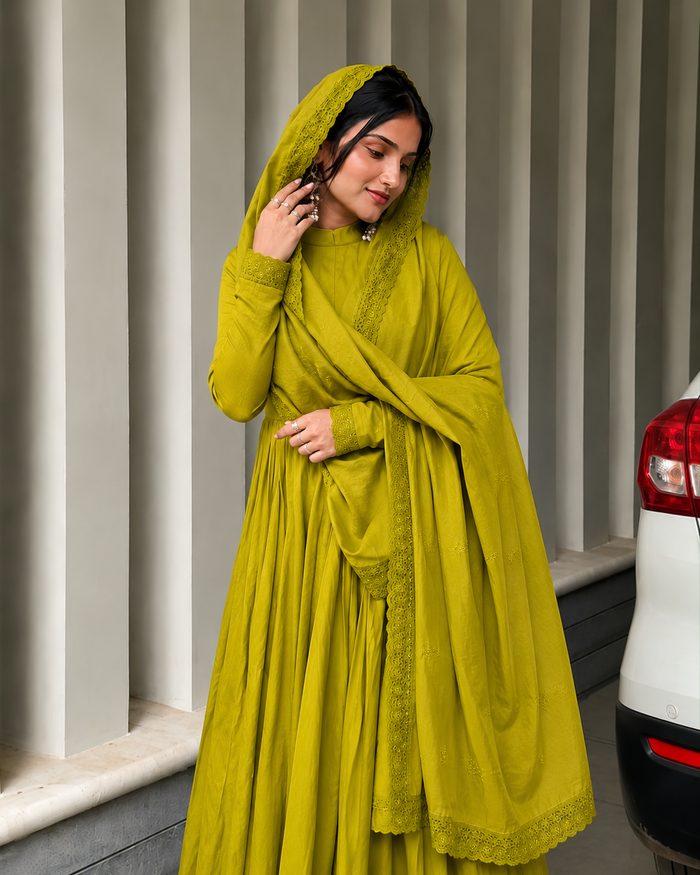 Olive Mustard Green Embroidered Anarkali Suit Set