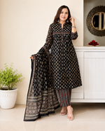 Designer Black Pocket Pure Cotton Suit Set with Dupatta & Pant