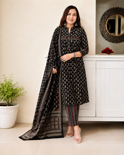 Designer Black Pocket Pure Cotton Suit Set with Dupatta & Pant