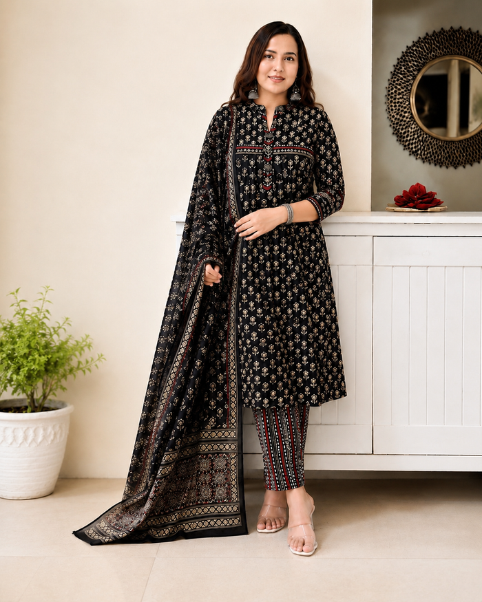 Designer Black Pocket Pure Cotton Suit Set with Dupatta & Pant