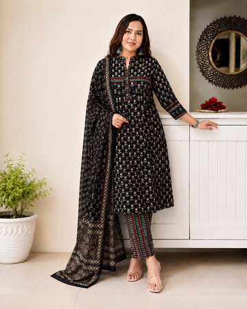 Designer Black Pocket Pure Cotton Suit Set with Dupatta & Pant