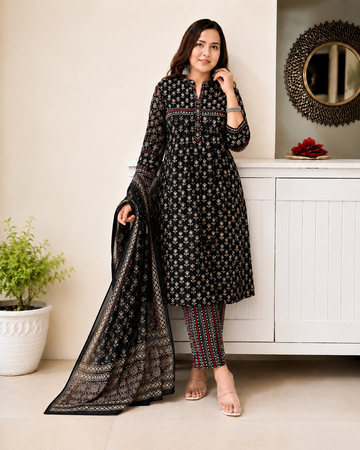 Designer Black Pocket Pure Cotton Suit Set with Dupatta & Pant