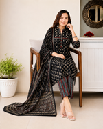 Designer Black Pocket Pure Cotton Suit Set with Dupatta & Pant