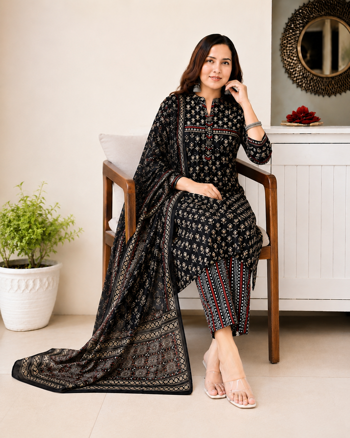 Designer Black Pocket Pure Cotton Suit Set with Dupatta & Pant