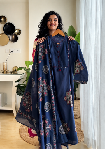 Pure Cotton Navy Blue Patchwork A-Line Kurta Pant Dupatta Set