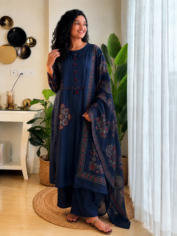 Pure Cotton Navy Blue Patchwork A-Line Kurta Pant Dupatta Set