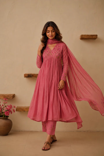 Pink Designer Anarkali Suit Set with Floral Embroidery