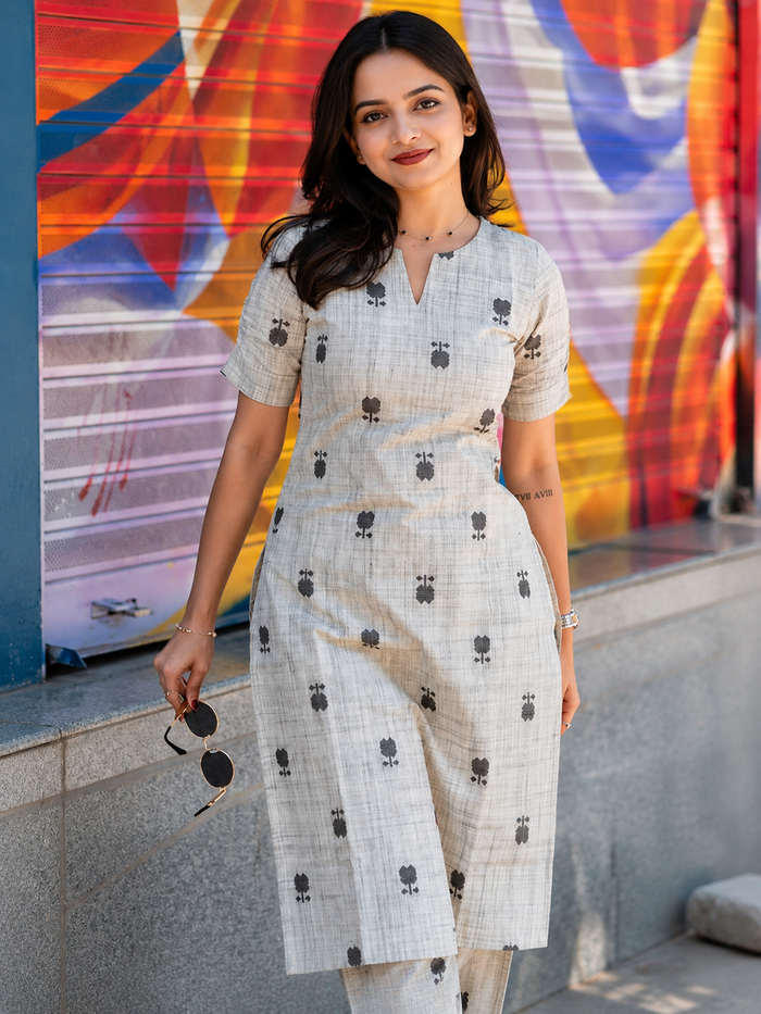 Grey Linen Pure Cotton Kurti Pant Set