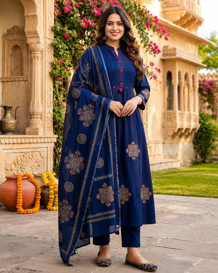 Pure Cotton Navy Blue Patchwork A-Line Kurta Pant Dupatta Set