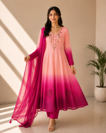Pink & Magenta Embroidered Anarkali Suit Set