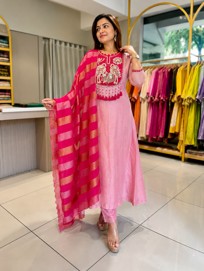 Rose Petal Chanderi Handwork Suit Set