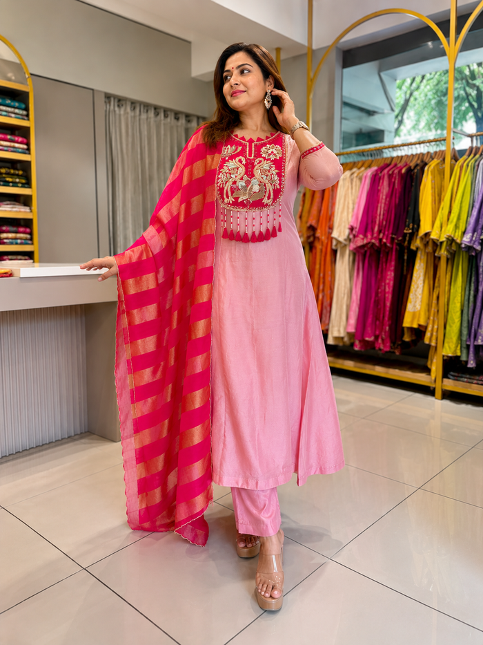 Rose Petal Chanderi Handwork Suit Set