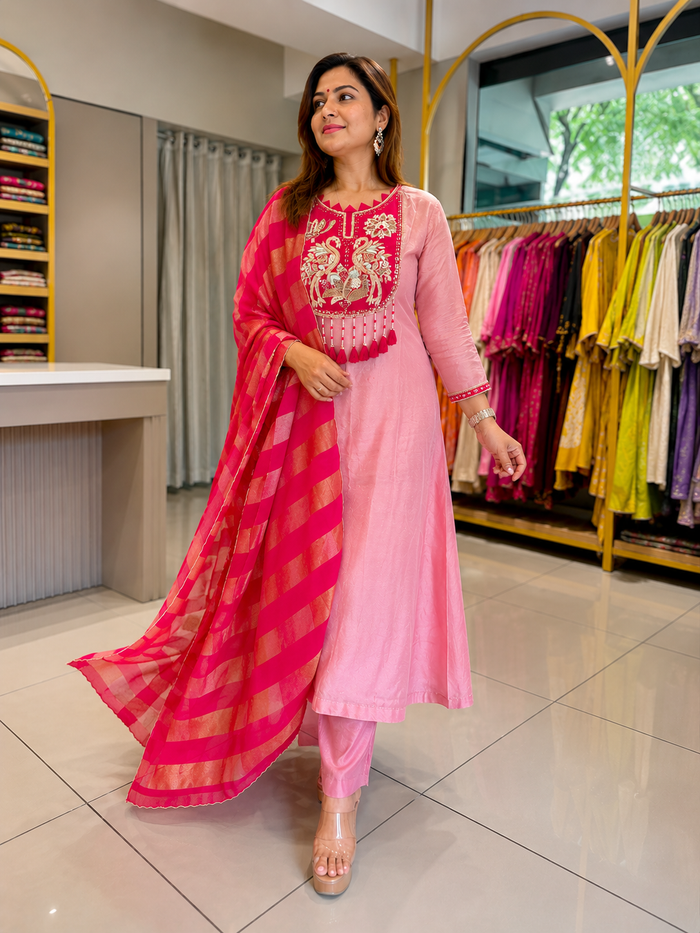 Rose Petal Chanderi Handwork Suit Set