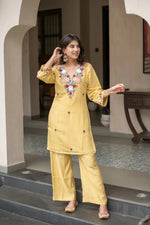 Yellow French Crepe Embroidered Kurti Set