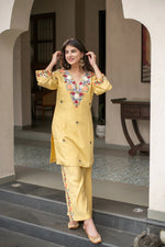 Yellow French Crepe Embroidered Kurti Set