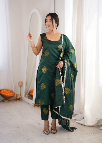 Dark Green Aura Chanderi Jacquard Suit Set
