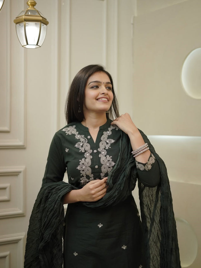 Festive Rayon Slub Embroidered Suit Set