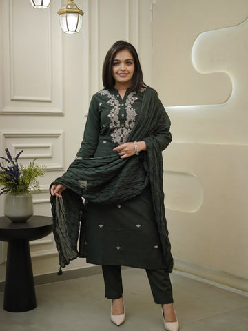 Festive Rayon Slub Embroidered Suit Set