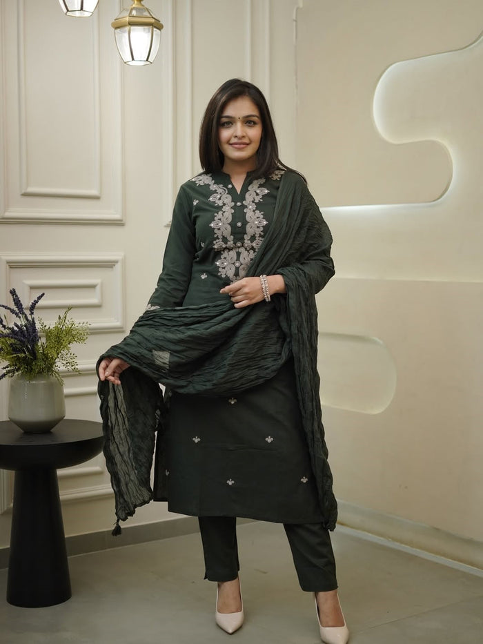 Festive Rayon Slub Embroidered Suit Set